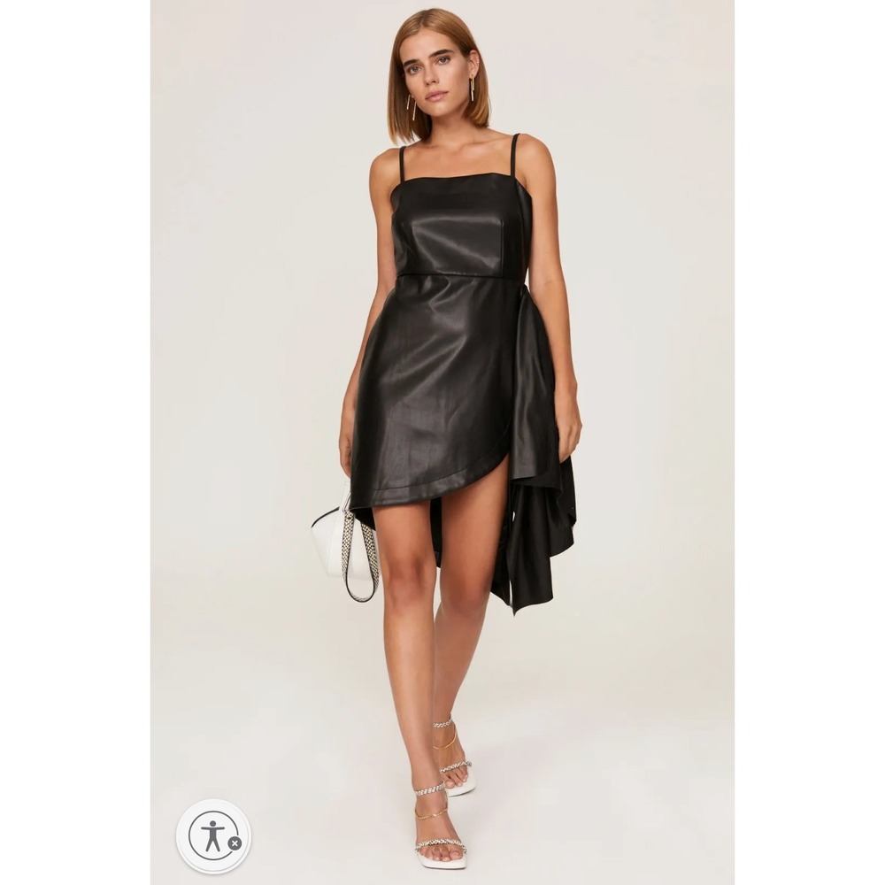 Osman Yousefzada Black Faux Leather Ruffle Dress Spaghetti Strap Mini Sz 6